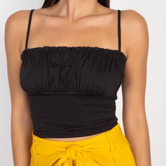 Tops - Shirred Bust Ruffle Cami Top Knit Semi-Crop Top